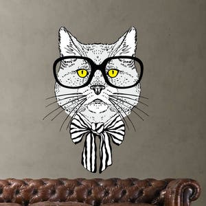 Cool Cat Wall Decal - Vintage Cat Wall Sticker - Hipster Style Cat Wall Decor Art - Boho Hippie Wall Decoration - Cat Fashion Decal mc172