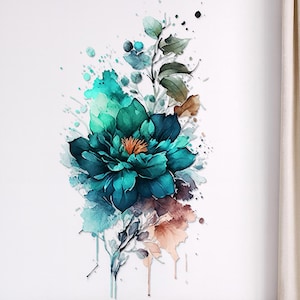 May include: Watercolor floral art print featuring a large teal flower with an orange center and green leaves. The artwork has a splash effect with teal, brown, and peach tones. The print is displayed above a bed with white bedding and pillows.