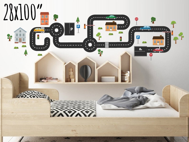 Transportation Wall Decals Town with Cars and Roads Reusable Removable Fabric Wall Decal Stickers Traffic Signs Boys Room Nursery Decor Art