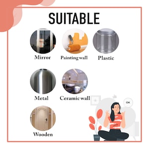 K&ouml;nnte beinhalten: Eine Grafik, die verschiedene Oberfl&auml;chen zeigt, auf denen ein Produkt verwendet werden kann. Die Oberfl&auml;chen umfassen einen Spiegel, eine Wand, die gestrichen wurde, Plastik, Metall, eine Keramikwand und eine Holzt&uuml;r.