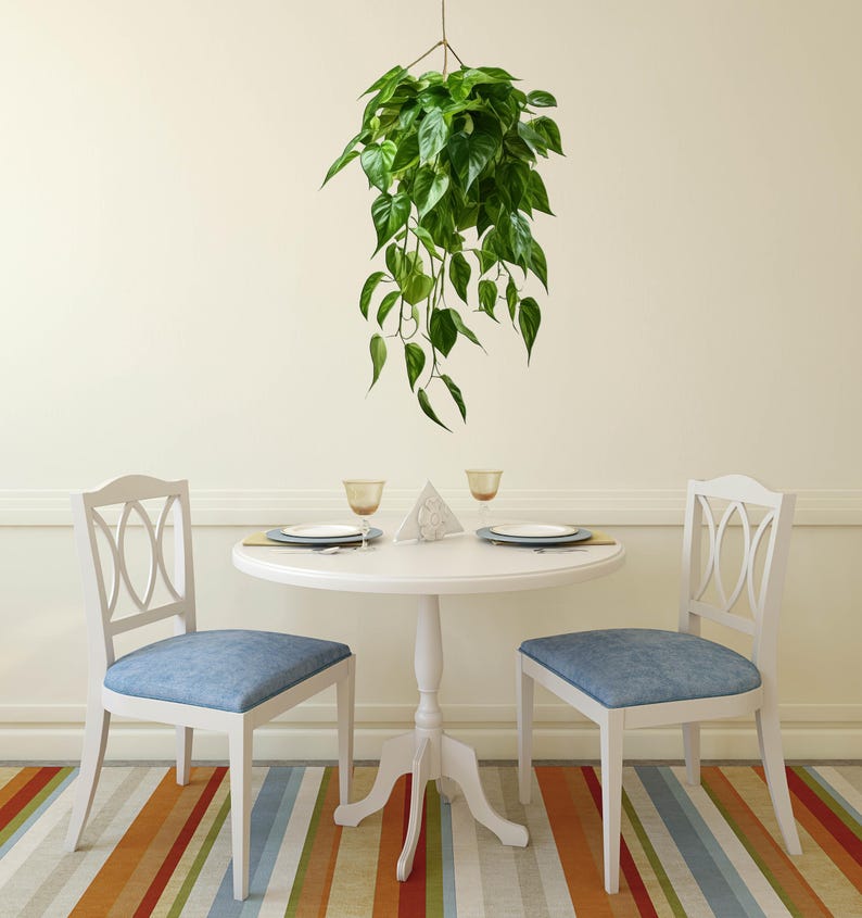 K&ouml;nnte beinhalten: Ein wei&szlig;er Esstisch mit zwei wei&szlig;en St&uuml;hlen und einer H&auml;ngepflanze. Der Tisch ist mit zwei Gedecken gedeckt, jedes mit einem wei&szlig;en Teller, einem Glas und einer Serviette. Die St&uuml;hle haben blaue Kissen. Der Tisch steht auf einem gestreiften Teppich.