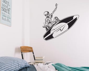 Skeleton Surfer Wall Decal, Gothic Surfboard Sticker for Bedroom, Dorm or Beach Decor n158