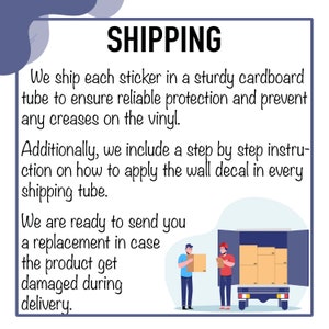 May include: Illustration of a delivery truck with two people loading boxes. Text reads: "SHIPPING. We ship each sticker in a sturdy cardboard tube to ensure reliable protection and prevent any creases on the vinyl. Additionally, we include a step by step instruction on how to apply the wall decal in every shipping tube. We are ready to send you a replacement in case the product get damaged during delivery."