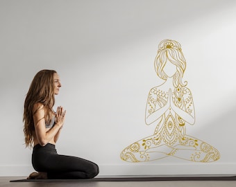 Floral Yoga Girl Wall Decal: Yoga Studio Decor nm173