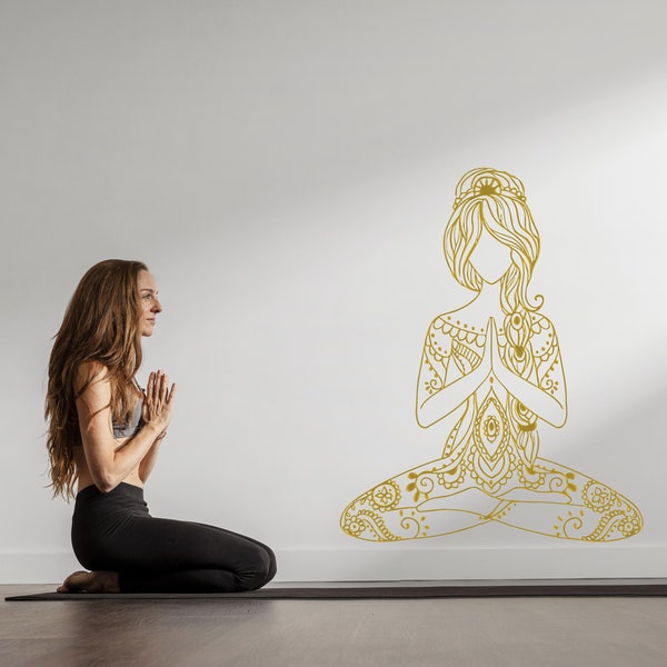 Yoga Girl Chakra Wall Decal, Yoga Studio Decor, Yoga Room Art, Floral Girl Yoga Decal, Yoga Stencil, Motivational Yoga Decor, Yoga Art nm173