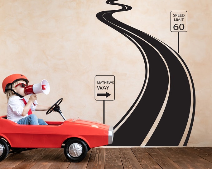 Custom Name Road Sign Wall Decal: Kids Race Car Room Decor n066