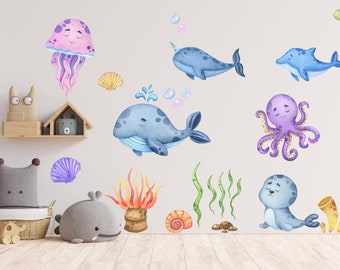 Ocean Animals Wall Decal for kids - sea animals decal, Ocean Life Watercolor Stickers, octopus, whale, fish, turtle, coral us002