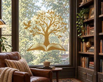 Tree of Knowledge Wall Decal, Open Book Vinyl Sticker, Flying Bird Art, Reading Library Classroom Nursery Decor n172