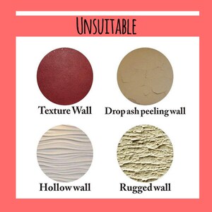 May include: A graphic showing four different types of walls that are unsuitable for hanging items. The walls are labeled "Texture Wall", "Drop ash peeling wall", "Hollow wall", and "Rugged wall".