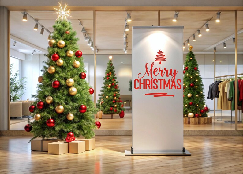 K&ouml;nnte beinhalten: Ein wei&szlig;es Banner mit dem Text "Merry Christmas" in roten Buchstaben, &uuml;ber dem Text ein stilisierter roter Weihnachtsbaum. Das Banner steht vor einem geschm&uuml;ckten Weihnachtsbaum mit roten und goldenen Kugeln. Im Hintergrund befinden sich weitere Weihnachtsb&auml;ume.