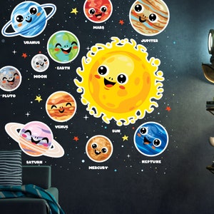 May include: A colourful solar system wall decal set with planets, stars, and the sun. Each planet has a cute cartoon face and is labelled with its name. The planets include Pluto, Uranus, Saturn, Jupiter, Mars, Earth, Venus, Mercury, and Neptune.