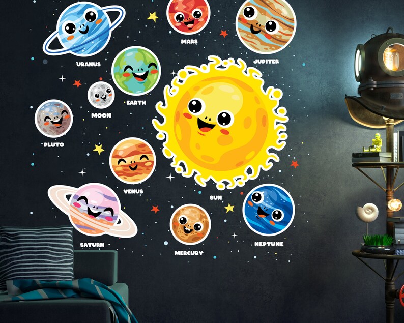 May include: A colourful solar system wall decal set with planets, stars, and the sun. Each planet has a cute cartoon face and is labelled with its name. The planets include Pluto, Uranus, Saturn, Jupiter, Mars, Earth, Venus, Mercury, and Neptune.