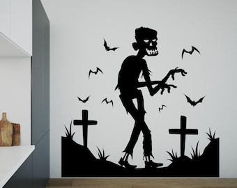 Zombie Cemetery Halloween Wall Decal, Spooky Bats Decoration n090