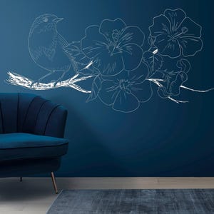 May include: A white outline drawing of a bird perched on a branch with flowers. The background is a deep blue color.