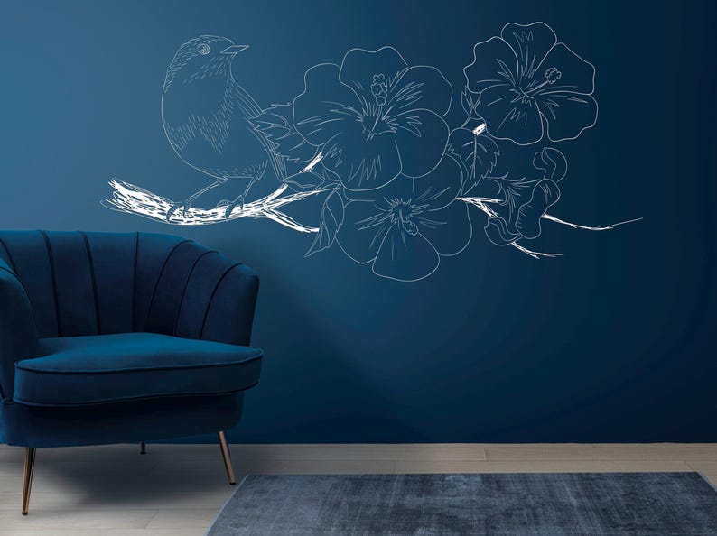May include: A white outline drawing of a bird perched on a branch with flowers. The background is a deep blue color.