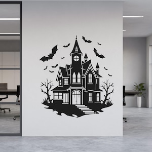 May include: Black silhouette of a haunted house with bats flying around it. The house has multiple windows, a tall tower, and a front door with steps. Bare trees and a curved base complete the spooky scene.