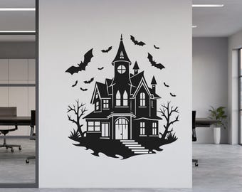 Sticker mural maison hantée avec chauves-souris – Déco d'Halloween effrayante n089