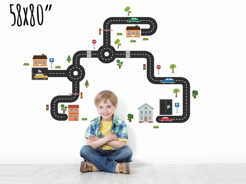 Transportation Wall Decals Town with Cars and Roads Reusable Removable Fabric Wall Decal Stickers Traffic Signs Boys Room Nursery Decor Art