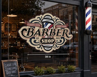 Barber Shop Vinyl Decal, Custom Est. Year, Vintage Barber Window Sticker, Salon Wall Decor, Indoor Outdoor Business Sign, 27x38 in se309