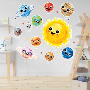 May include: A colourful set of solar system wall decals featuring a smiling sun, planets, and stars. The planets are labelled with their names: Mercury, Venus, Earth, Mars, Jupiter, Saturn, Uranus, Neptune, and Pluto. The decals are perfect for a child's bedroom or playroom.