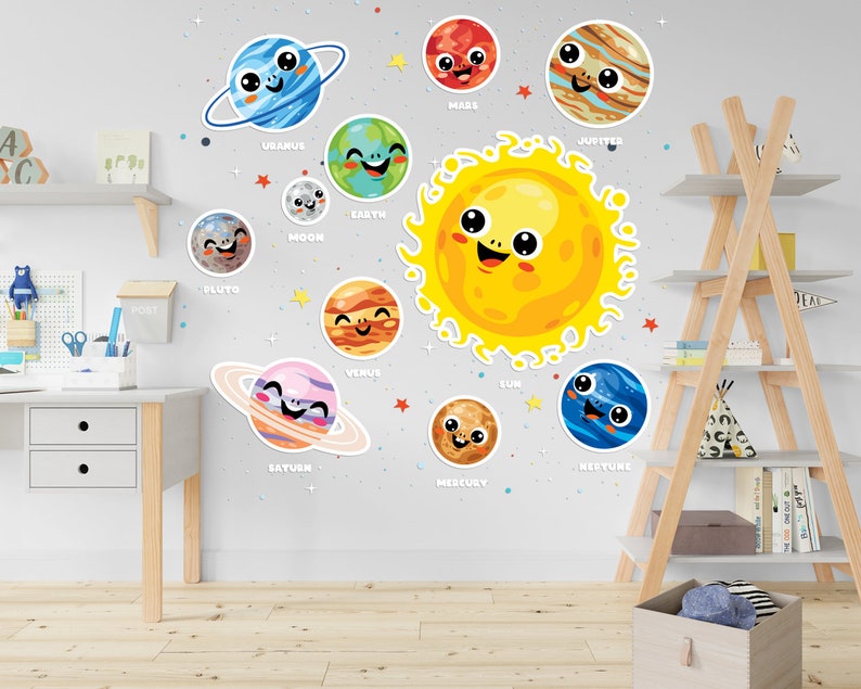 May include: A colourful set of solar system wall decals featuring a smiling sun, planets, and stars. The planets are labelled with their names: Mercury, Venus, Earth, Mars, Jupiter, Saturn, Uranus, Neptune, and Pluto. The decals are perfect for a child's bedroom or playroom.