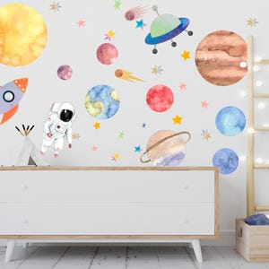 Aquarell Weltraum Wand Aufkleber: Planeten, Astronaut, Sterne Vinyl Aufkleber se262