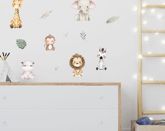 May include: A set of cute animal wall decals featuring a giraffe, elephant, monkey, lion, zebra, and hippopotamus. The decals are perfect for a nursery or child's room.