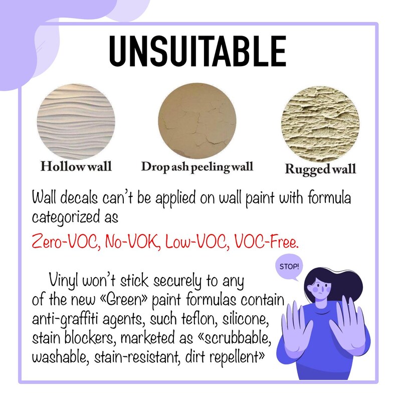 May include: A graphic showing three different types of walls that are unsuitable for applying wall decals. The walls are labeled "Hollow wall", "Drop ash peeling wall", and "Rugged wall". The text below the images states that wall decals can't be applied on wall paint with formulas categorized as "Zero-VOC, No-VOK, Low-VOC, VOC-Free". The text also states that vinyl won't stick securely to any of the new "Green" paint formulas that contain anti-graffiti agents, such as Teflon, silicone, stain blockers, marketed as "scrubbable, washable, stain-resistant, dirt repellent".