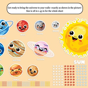 May include: A colourful set of planets and the sun with cute faces. The planets are labelled with their names: Uranus, Mars, Pluto, Moon, Neptune, Jupiter, Saturn, Earth, Venus, and Mercury. The sun is labelled "SUN". The set is 28 inches by 45 inches.