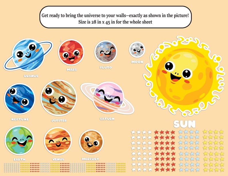 May include: A colourful set of planets and the sun with cute faces. The planets are labelled with their names: Uranus, Mars, Pluto, Moon, Neptune, Jupiter, Saturn, Earth, Venus, and Mercury. The sun is labelled "SUN". The set is 28 inches by 45 inches.
