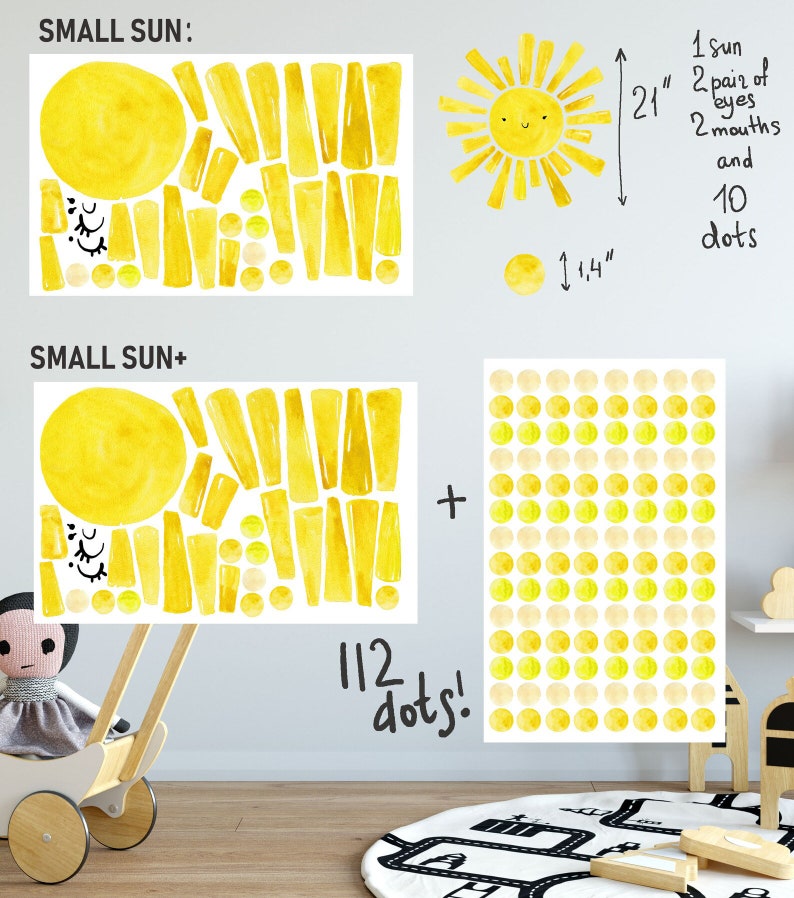 May include: A set of two watercolor sun wall decals. The smaller sun is 1 1/4 inches in diameter and has 10 dots. The larger sun is 21 inches tall and has 112 dots. The decals are yellow and cream.