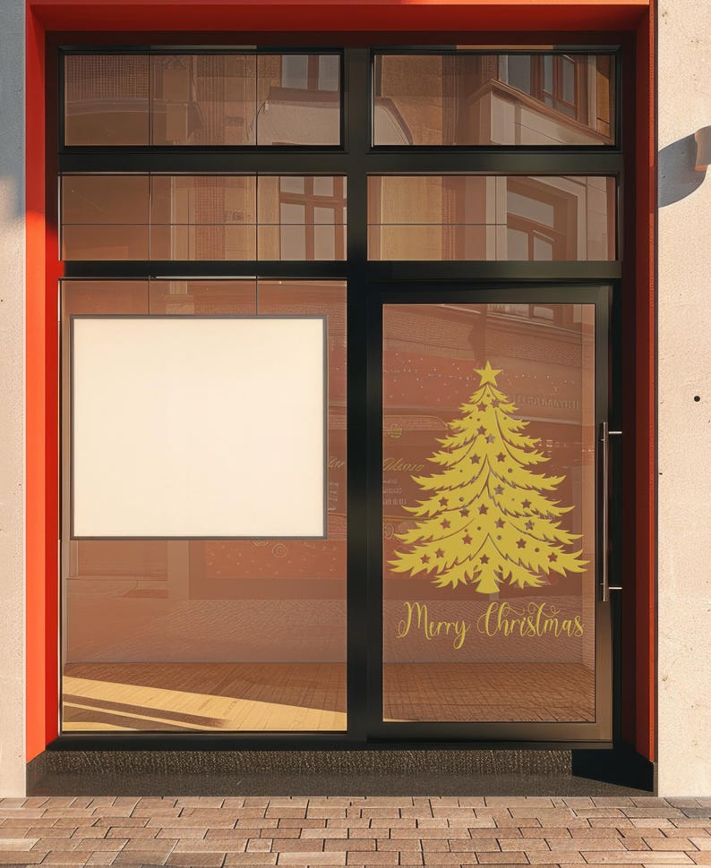 May include: A storefront window with a gold Christmas tree and the text "Merry Christmas" on the glass. The window is framed in black and the storefront is painted red.