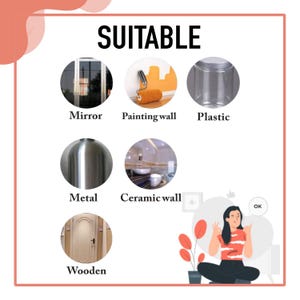 May include: A chart showing different surfaces that are suitable for using a product. The surfaces include mirror, painting wall, plastic, metal, ceramic wall, and wooden.
