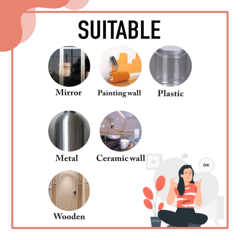 May include: A chart showing different surfaces that are suitable for using a product. The surfaces include mirror, painting wall, plastic, metal, ceramic wall, and wooden.
