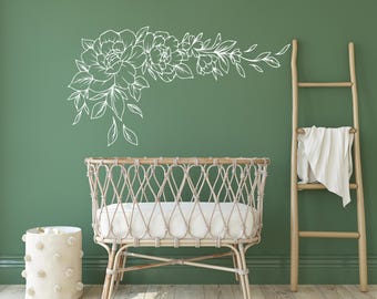 Blumen Ecke Wandtattoo: Rose Line Art Vinyl Aufkleber - Boho Kinderzimmer Dekor n153