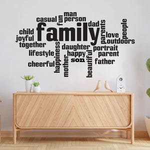 May include: Black and white word art decal with the word "family" in the center and surrounded by words like "love", "joyful", "happy", "son", "daughter", "father", "mother", "casual", "fun", "people", "outdoors", "portrait", "lifestyle", "cheerful", "man", "person", "dad", "parents".