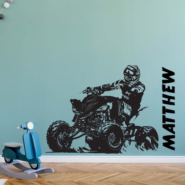 Sticker mural VTT avec nom personnalisé, Sticker mural tout terrain 4x4 roues, Sticker mural quad, décoration art chambre d'enfants 4 roues, décoration murale chambre quad n038