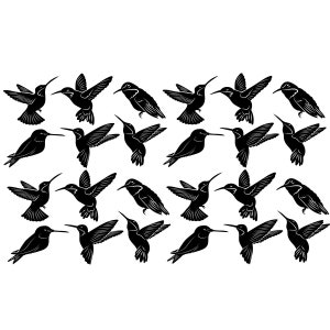 May include: A black and white silhouette image of 20 hummingbirds in flight. The hummingbirds are arranged in a repeating pattern, with each bird facing a different direction.