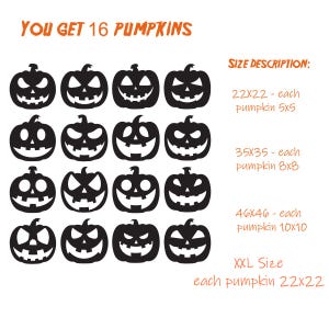 Puede incluir: Diecis&eacute;is siluetas de calabazas negras con caras talladas est&aacute;n dispuestas en filas. El texto en naranja dice "YOU GET 16 PUMPKINS". Se incluyen descripciones de tama&ntilde;o, siendo el tama&ntilde;o m&aacute;s grande de 56x56 cm.