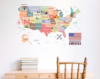 USA Map Wall Decal: Educational United States Vinyl Sticker se306