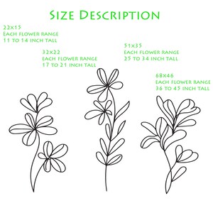 K&ouml;nnte beinhalten: Drei schwarze Linienzeichnungen von Blumen in verschiedenen Gr&ouml;&szlig;en. Der Text "SIZE DESCRIPTION" befindet sich oben im Bild. Der Text unter jeder Blume listet die Gr&ouml;&szlig;e der Blume und den H&ouml;henbereich f&uuml;r jede Blume auf. Die Gr&ouml;&szlig;en sind 22x15, 32x22, 51x35 und 68x46. Die H&ouml;hen sind 11 bis 14 Zoll, 17 bis 21 Zoll, 25 bis 34 Zoll und 36 bis 45 Zoll.