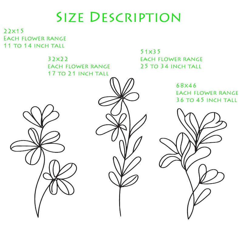 K&ouml;nnte beinhalten: Drei schwarze Linienzeichnungen von Blumen in verschiedenen Gr&ouml;&szlig;en. Der Text "SIZE DESCRIPTION" befindet sich oben im Bild. Der Text unter jeder Blume listet die Gr&ouml;&szlig;e der Blume und den H&ouml;henbereich f&uuml;r jede Blume auf. Die Gr&ouml;&szlig;en sind 22x15, 32x22, 51x35 und 68x46. Die H&ouml;hen sind 11 bis 14 Zoll, 17 bis 21 Zoll, 25 bis 34 Zoll und 36 bis 45 Zoll.