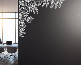 Peony Corner Wall Decal: Elegant Line Art Floral Vinyl Sticker n154