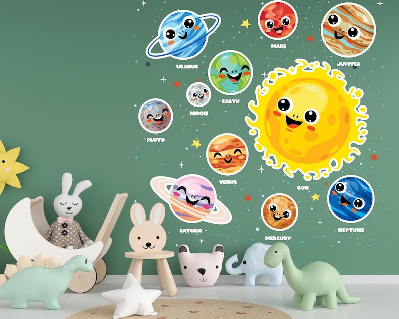 May include: A colourful wall decal set featuring a smiling sun and planets with faces. The planets are labelled with their names: Pluto, Uranus, Earth, Venus, Saturn, Jupiter, Mars, Mercury, Neptune, and Moon.