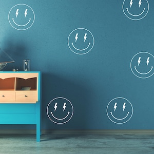 Set of 6 Smile Face Wall Decals with Lightning Bolt Eyes – Available in 10x10 or 22x22 Inches n087