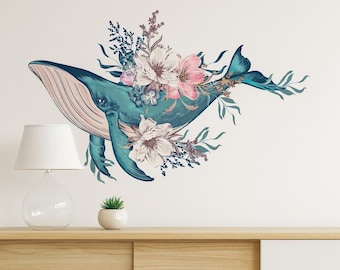 Whale Wall Decal, Ocean Flower Art, Teal Whale with Blossoms (27x43) se307