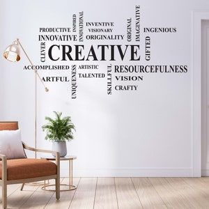 May include: A white wall with black text in a word cloud design. The words are related to creativity, including "creative", "innovative", "visionary", "original", "resourceful", "artistic", "talented", "unique", "ingenious", and "skillful".
