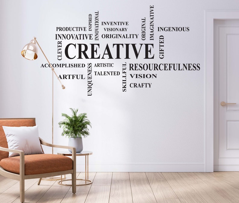 May include: A white wall with black text in a word cloud design. The words are related to creativity, including "creative", "innovative", "visionary", "original", "resourceful", "artistic", "talented", "unique", "ingenious", and "skillful".
