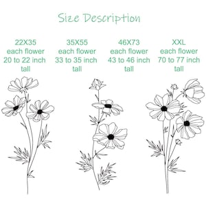 K&ouml;nnte beinhalten: Linienzeichnung von drei verschiedenen Gr&ouml;&szlig;en von Kosmosblumen. Die Gr&ouml;&szlig;en sind mit 22x35, 35x55 und 46x73 gekennzeichnet. Der Text gibt auch die H&ouml;he jeder Blume in Zoll an.
