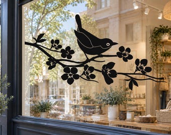 Bird on Flowering Branch Decal, Floral Vinyl Sticker, Nature Art, Botanical Nursery Decor, Bedroom Living Room Window Accentl n171
